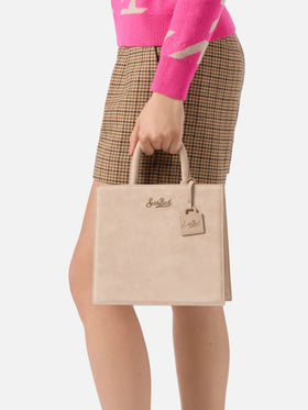 Shop Bag Midi Handtasche aus beigem Wildleder