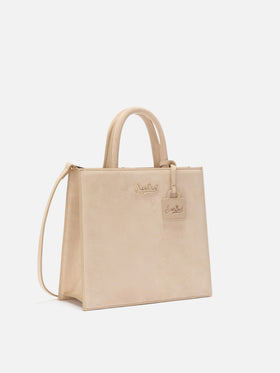 Sac shopping Medium beige en daim avec plaque logo en métal 