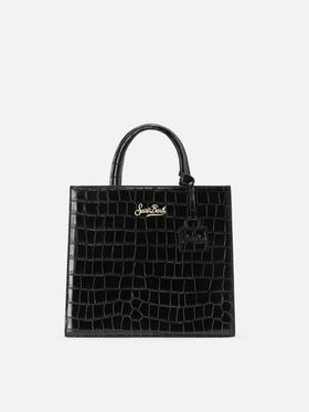 Shop Bag Midi Handtasche aus schwarzem Leder mit Krokodilprägung