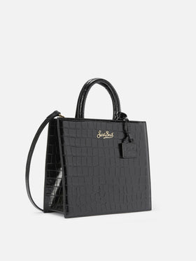 Shop Bag Midi Handtasche aus schwarzem Leder mit Krokodilprägung