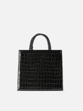 Schwarze mittelgroße Shopping-Bag aus Leder in Kroko-Optik mit metallener Logo-Plakette 