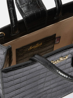 Schwarze mittelgroße Shopping-Bag aus Leder in Kroko-Optik mit metallener Logo-Plakette 