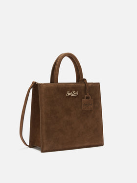 Cabas moyen marron en daim avec lettrage logo 