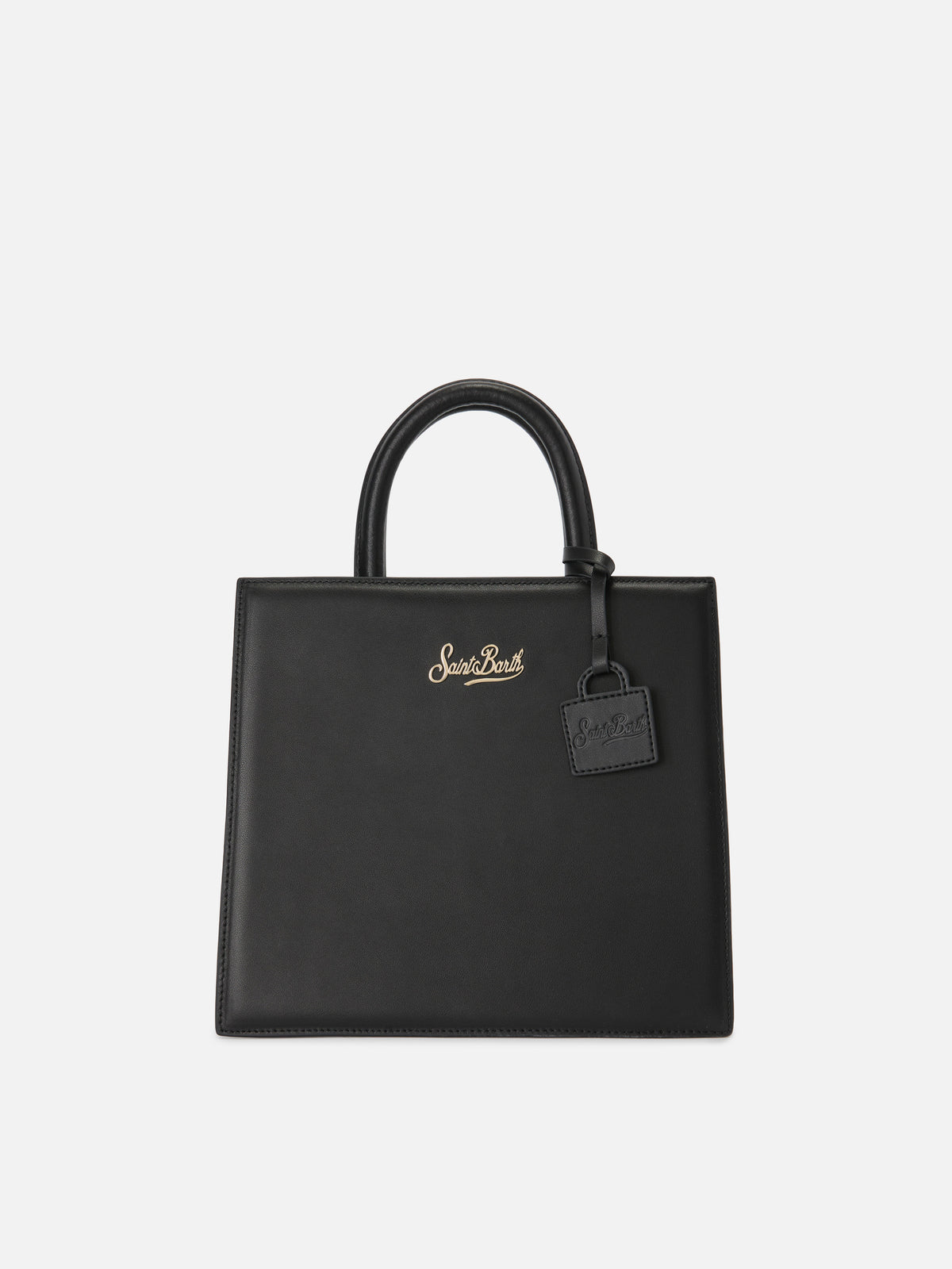 Bolso Structured Shop Midi en piel lisa negra con placa metálica 
