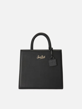 Bolso Structured Shop Midi en piel lisa negra con placa metálica 