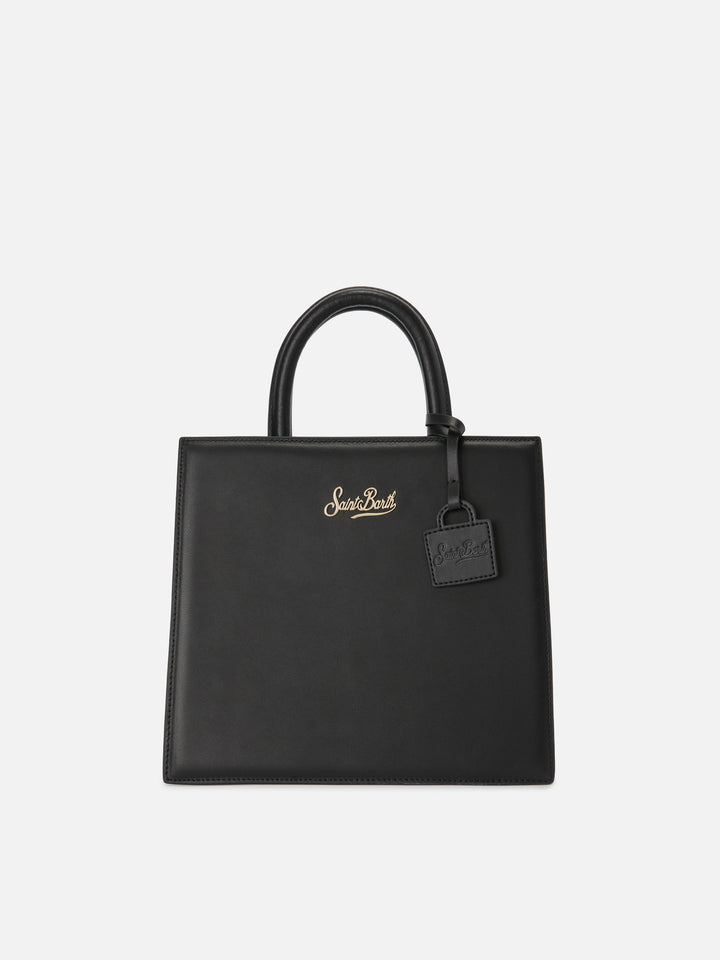 Sac Structured Shop Midi en cuir lisse noir avec plaque métallique 