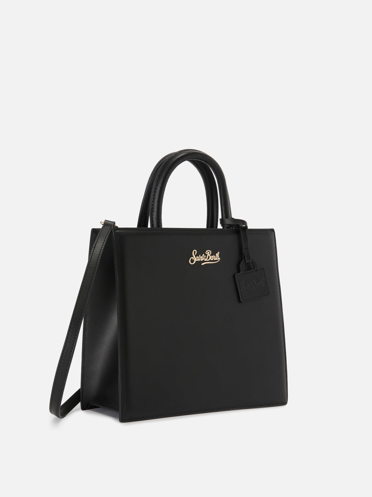 Bolso Structured Shop Midi en piel lisa negra con placa metálica 