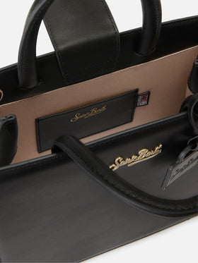 Bolso Structured Shop Midi en piel lisa negra con placa metálica 