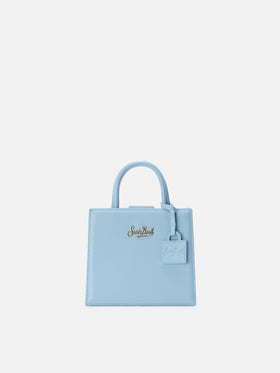 Mini bag Structured Shop en piel lisa azul claro con etiqueta metálica 