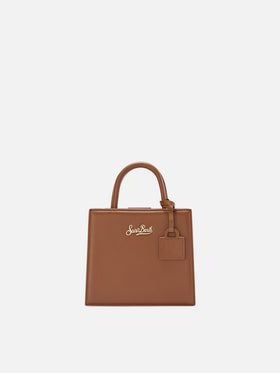 Mini Shop bag marrón en piel con letras del logo 