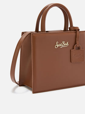 Mini Shop bag marrón en piel con letras del logo 