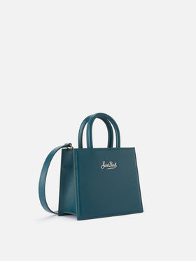 Mini bag Structured Shop en piel lisa verde teal con etiqueta metálica 