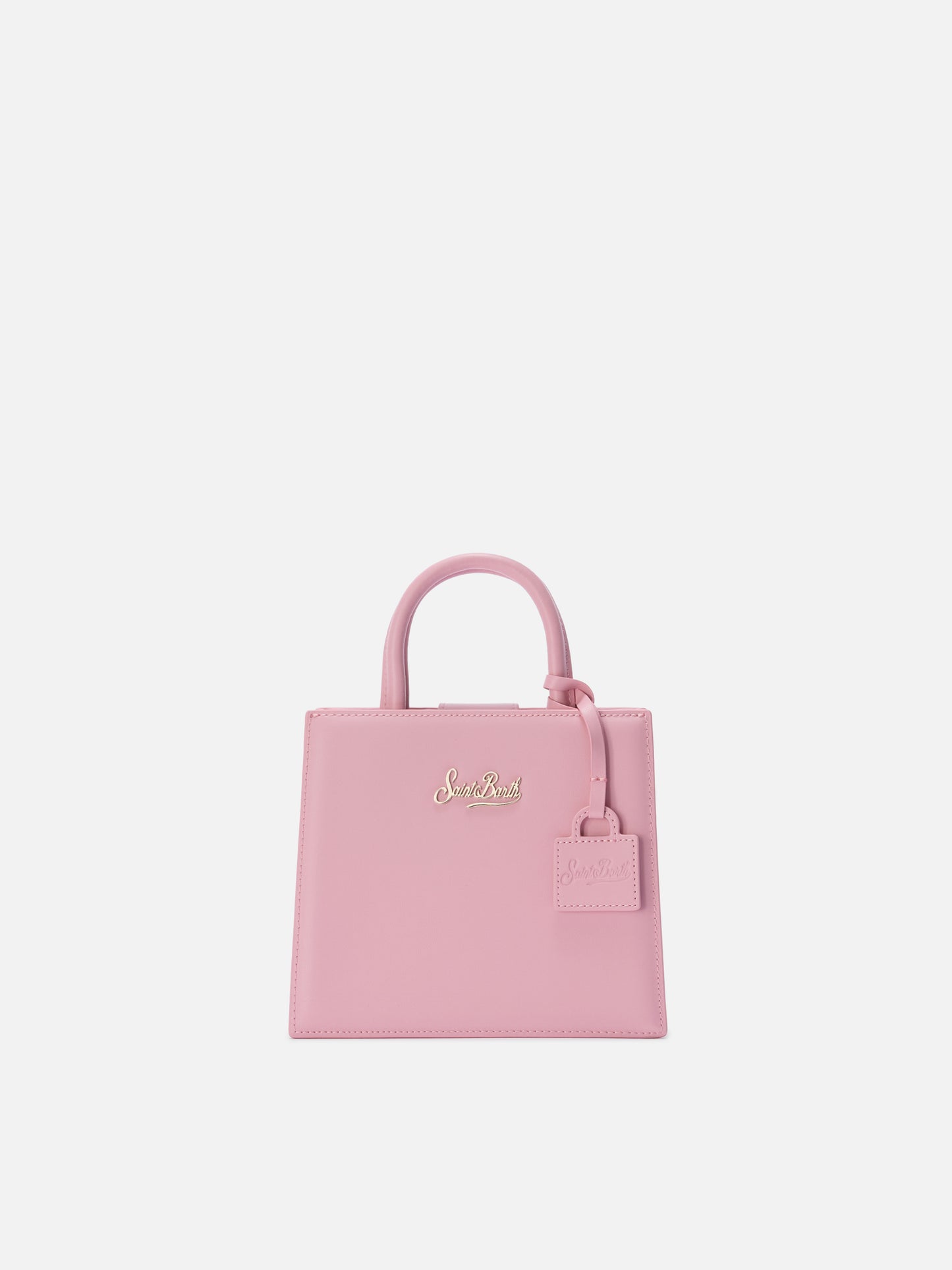 Mini bolso Structured Shop en piel lisa rosa con placa metálica 