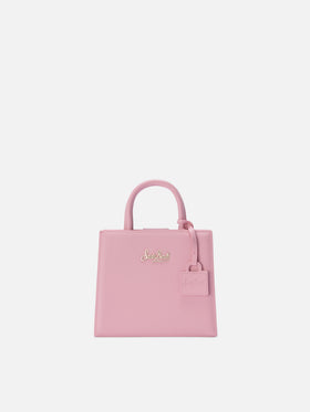 Mini bolso Structured Shop en piel lisa rosa con placa metálica 