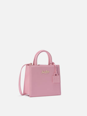 Mini bolso Structured Shop en piel lisa rosa con placa metálica 