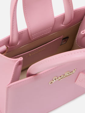 Mini bolso Structured Shop en piel lisa rosa con placa metálica 