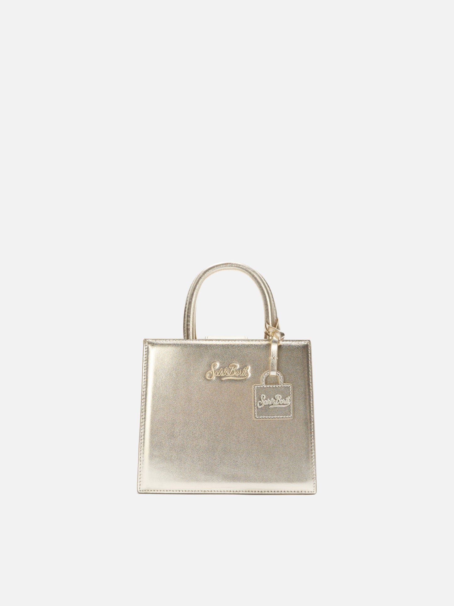 Mini bag Structured Shop en piel laminada dorada con etiqueta metálica 