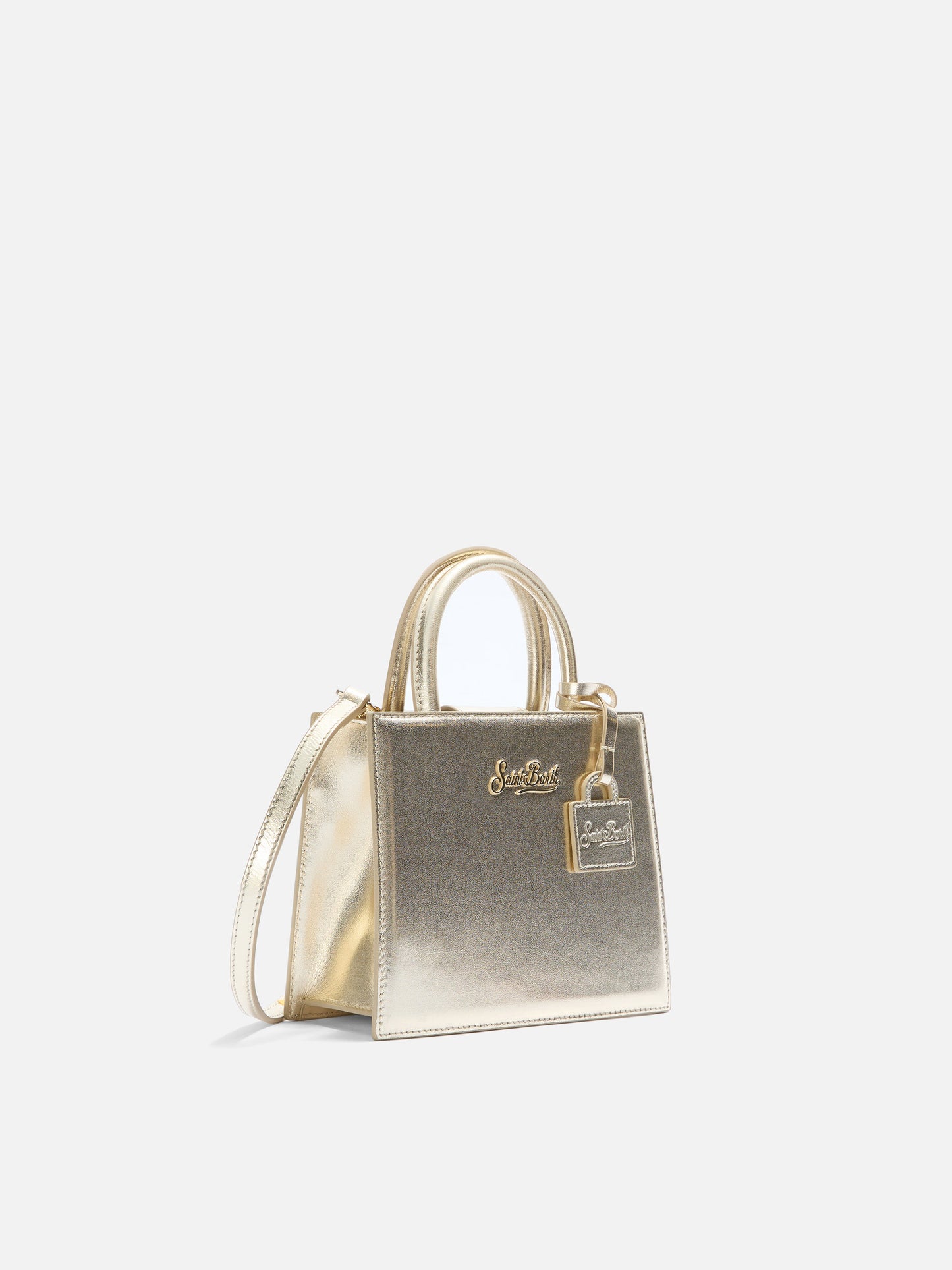 Mini bag Structured Shop en piel laminada dorada con etiqueta metálica 