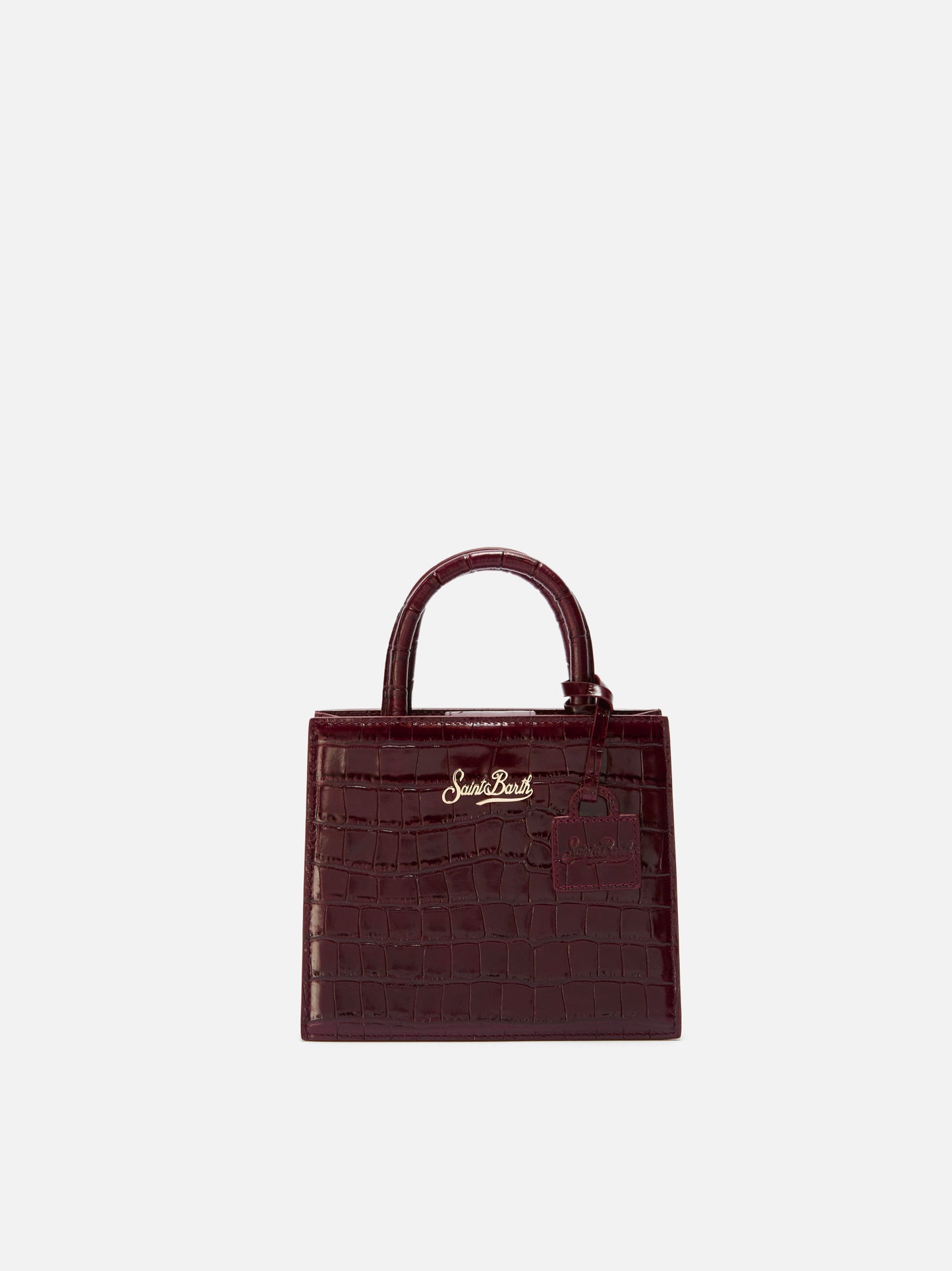 Shop Bag Mini Handtasche aus burgunderrotem Leder mit Krokodilprägung