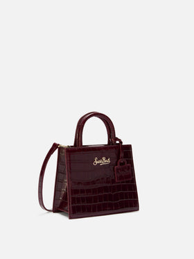 Shop Bag Mini Handtasche aus burgunderrotem Leder mit Krokodilprägung