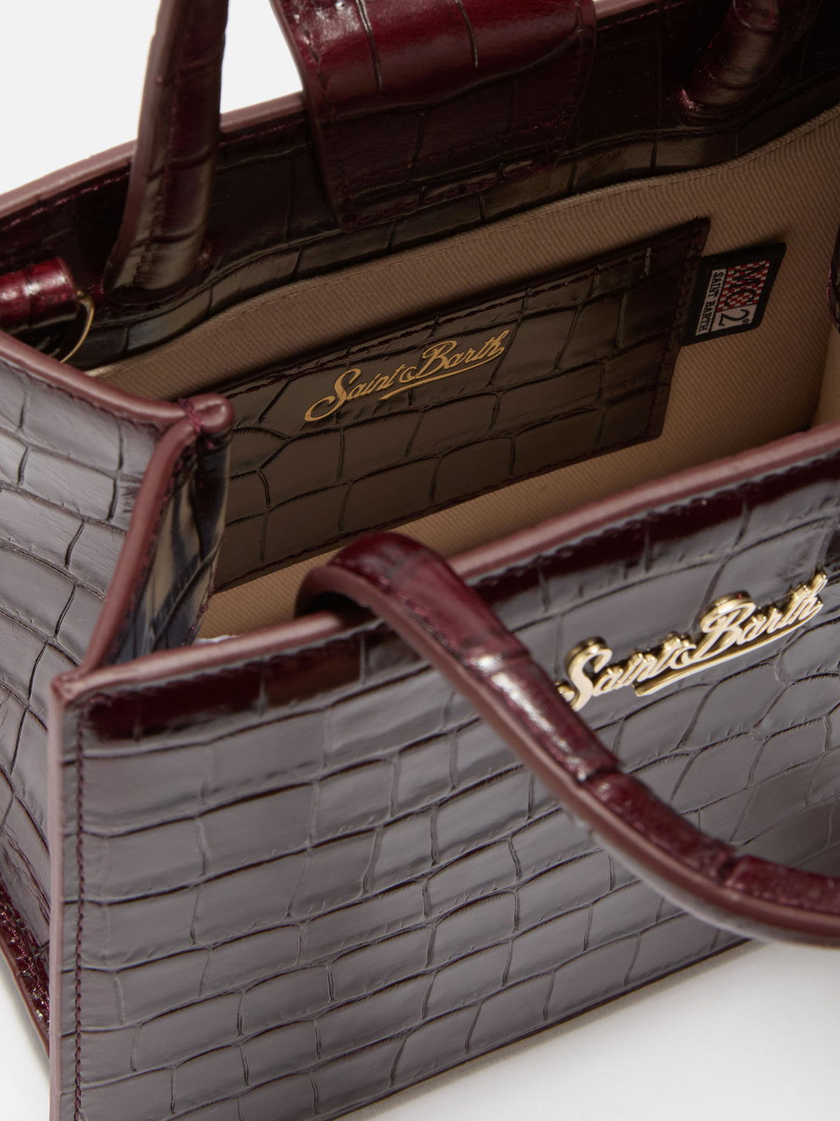 Bordeauxfarbene Mini-Shopper-Tasche aus Leder in Kroko-Optik 
