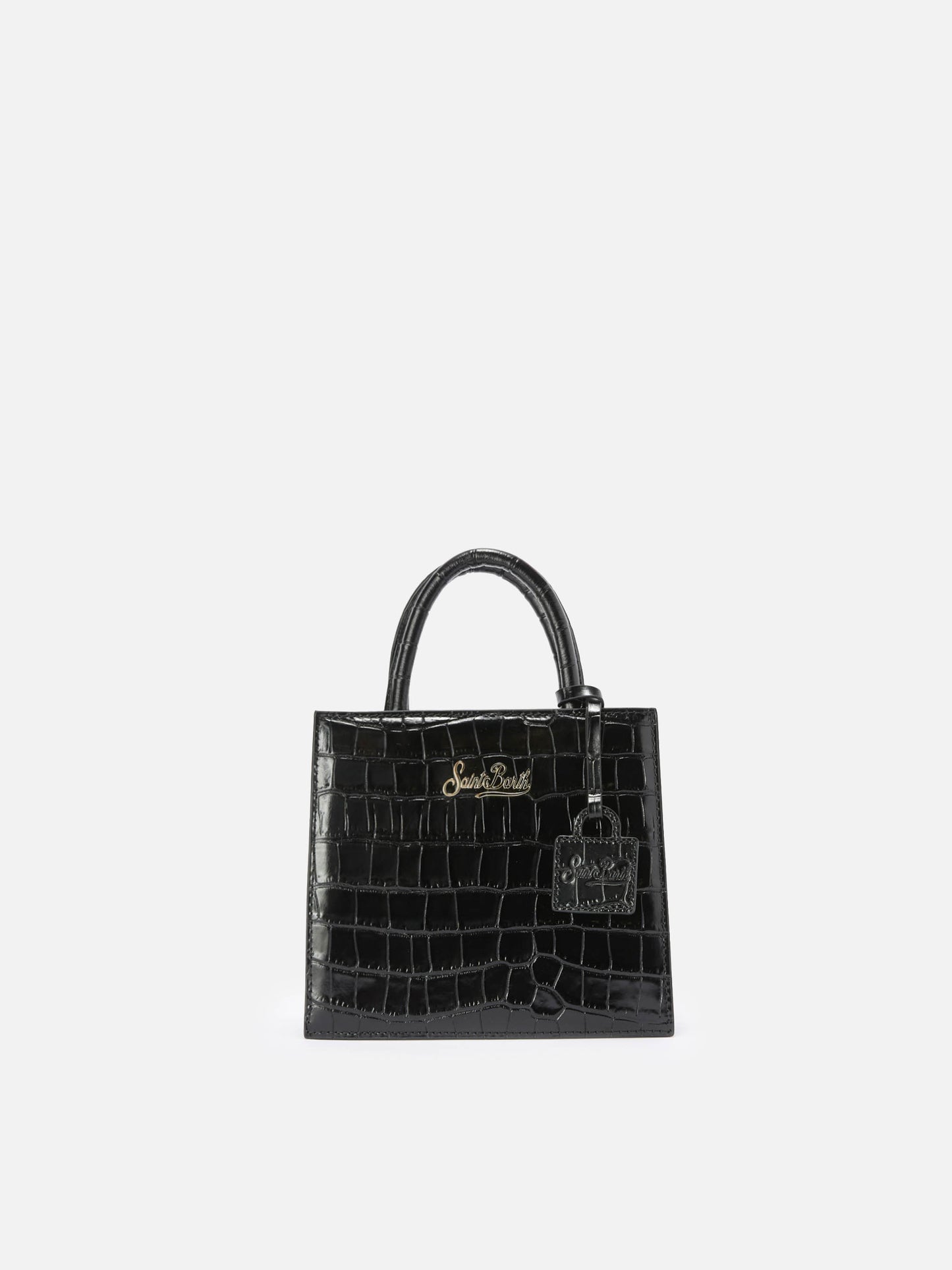 Mini-Handtasche aus schwarzem Leder mit Krokodilprägung