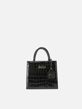 Mini-Handtasche aus schwarzem Leder mit Krokodilprägung