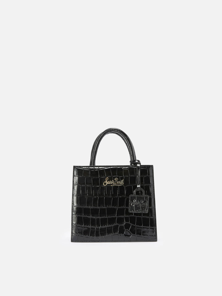 Mini-Handtasche aus schwarzem Leder mit Krokodilprägung