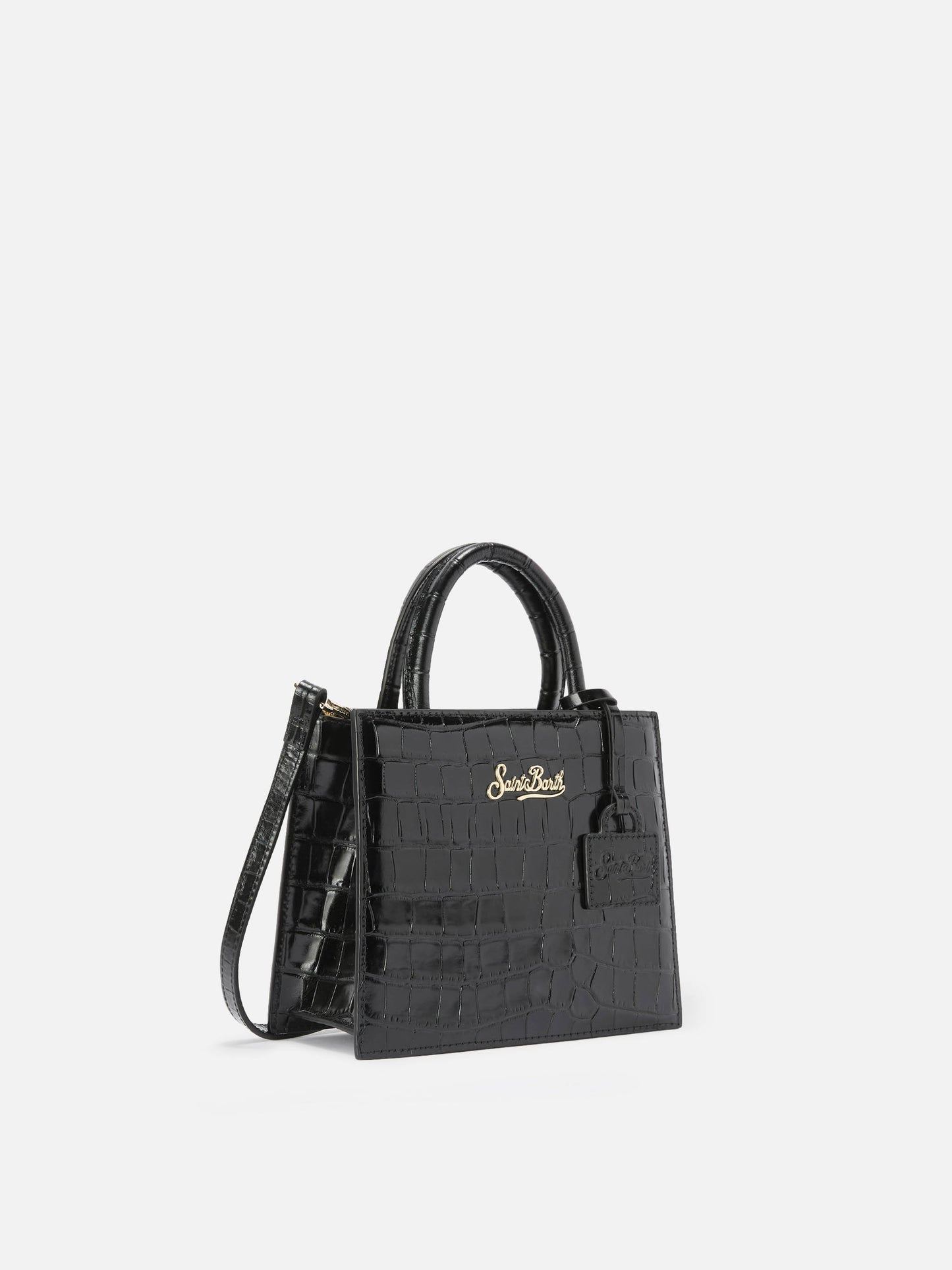 Mini-Handtasche aus schwarzem Leder mit Krokodilprägung