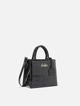 Mini-Handtasche aus schwarzem Leder mit Krokodilprägung