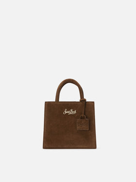Mini sac shopping marron en daim avec lettrage logo 