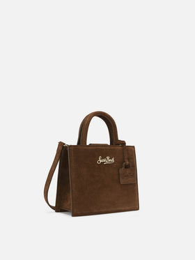 Mini sac shopping marron en daim avec lettrage logo 