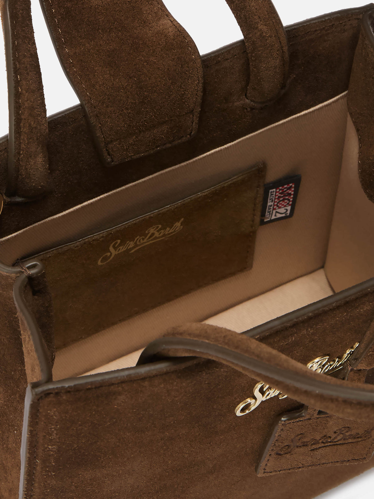 Mini sac shopping marron en daim avec lettrage logo 
