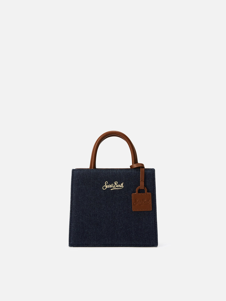 Bolso Mini Shop de denim oscuro en piel con paneles de denim 