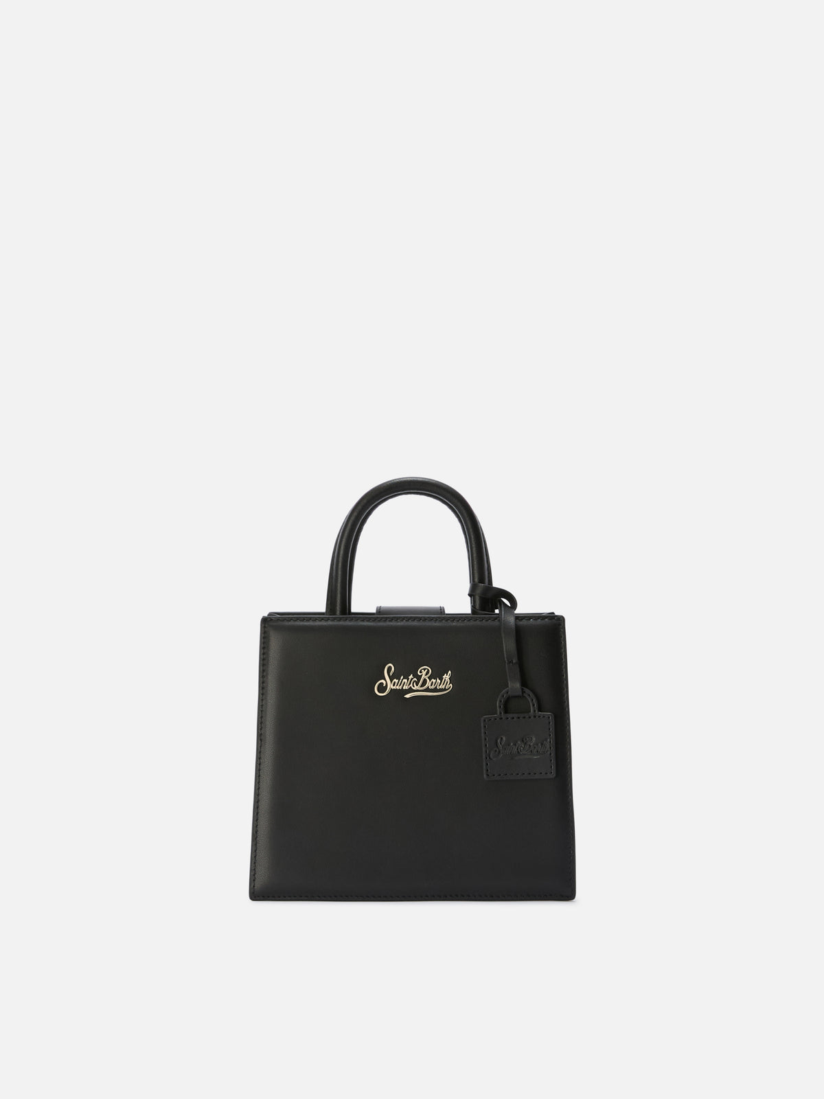Mini bag Structured Shop en piel lisa negra con placa metálica 