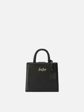 Mini bag Structured Shop en piel lisa negra con placa metálica 