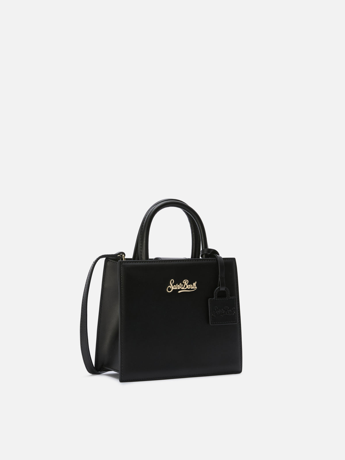 Mini bag Structured Shop en piel lisa negra con placa metálica 