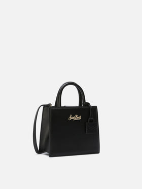 Mini bag Structured Shop en piel lisa negra con placa metálica 