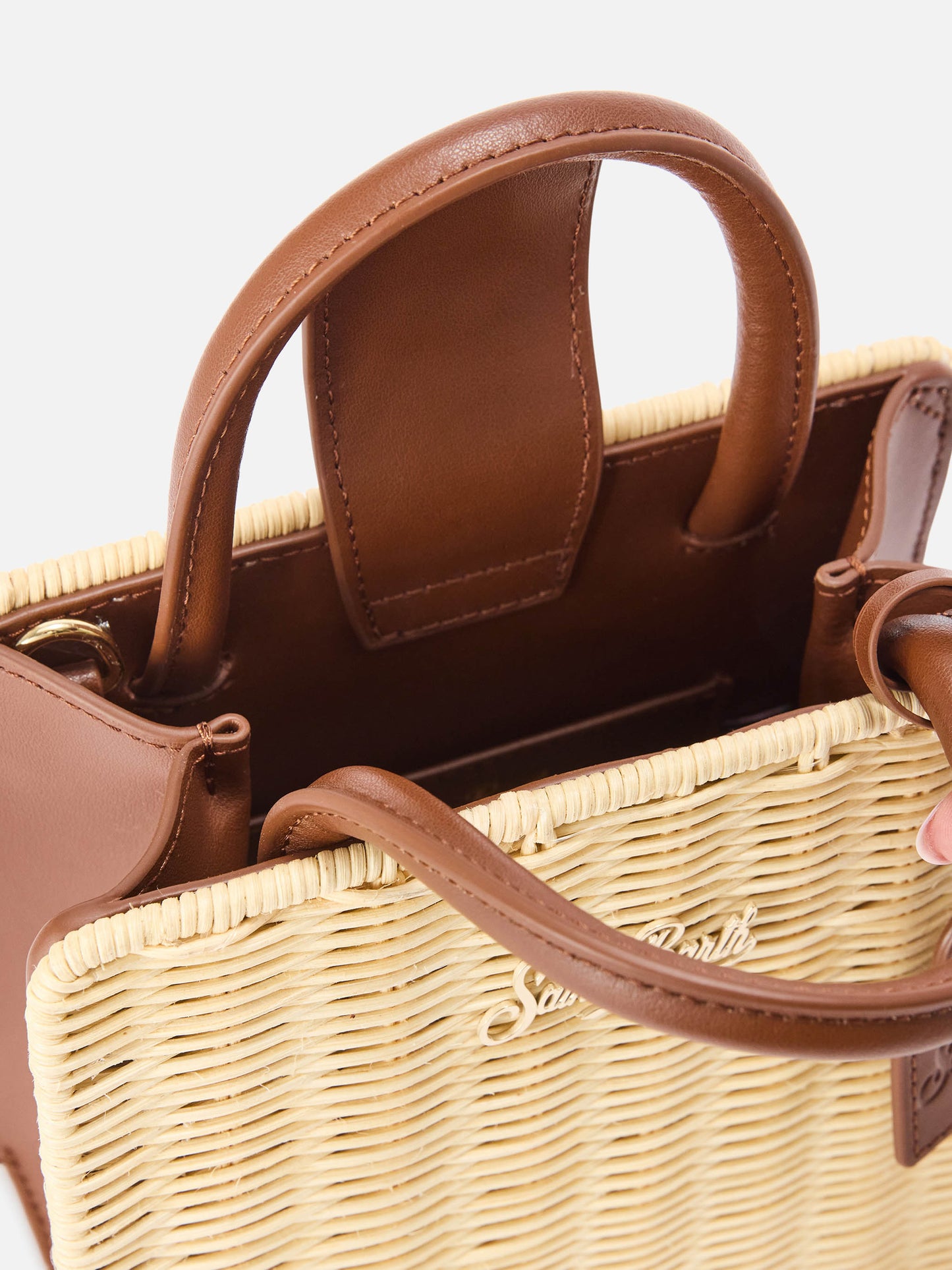 Structured Shop Mini bag in wicker with brown leather details