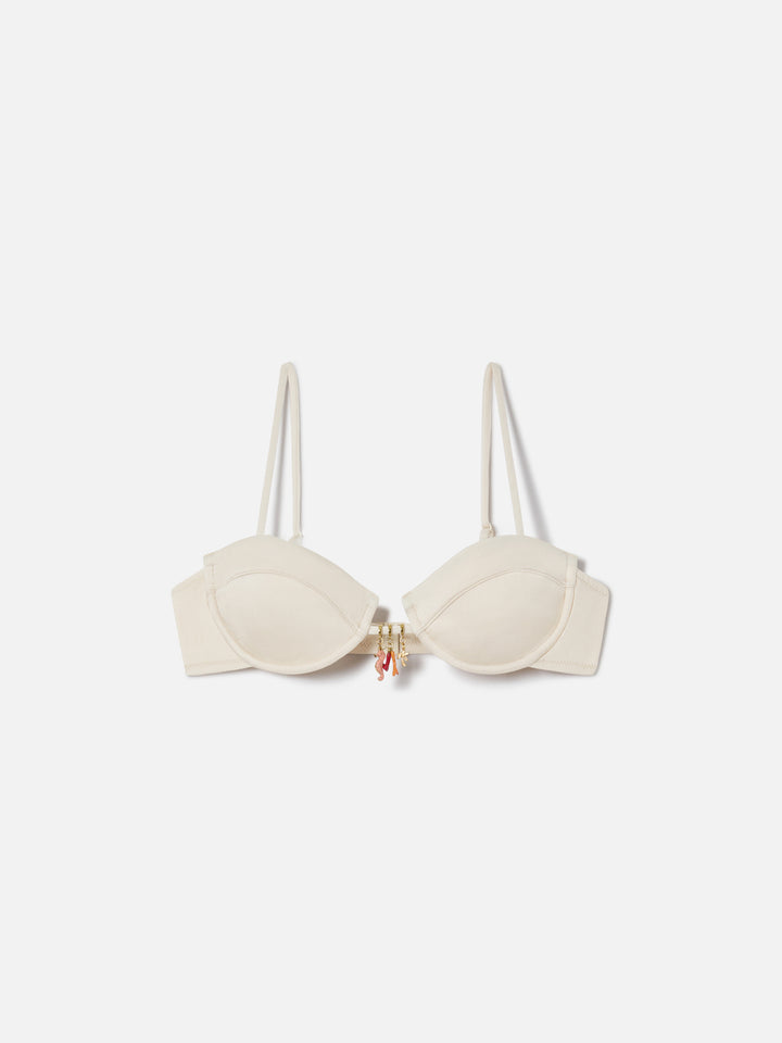 Salina balconette bikini top in beige glossy finish fabric with charms