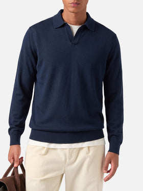 Langärmliges marineblaues Polohemd Sloan aus Baumwoll-Seidenstoff 