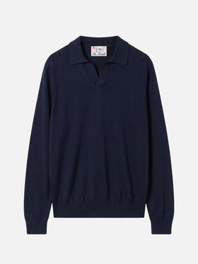 Langärmliges marineblaues Polohemd Sloan aus Baumwoll-Seidenstoff 
