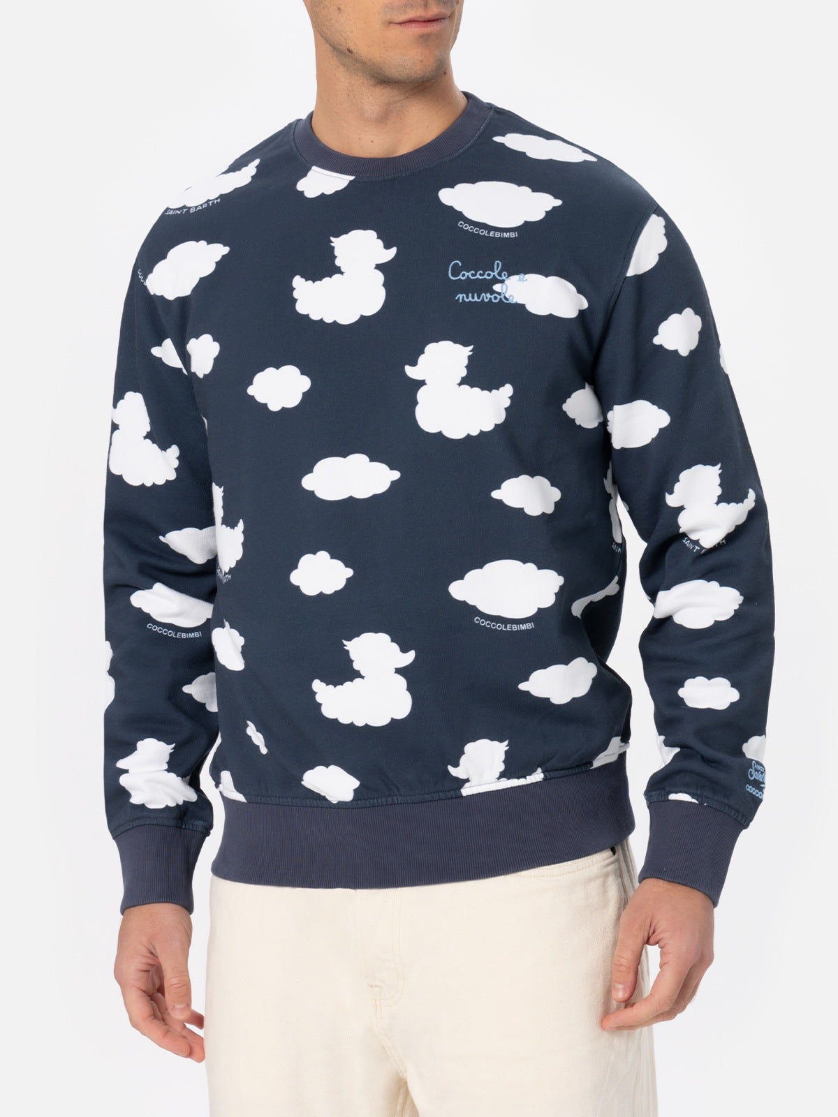 Crewneck blue sweatshirt with Coccole e nuvole embroidery | COCCOLEBIMBI SPECIAL EDITION - MC2 Saint Barth