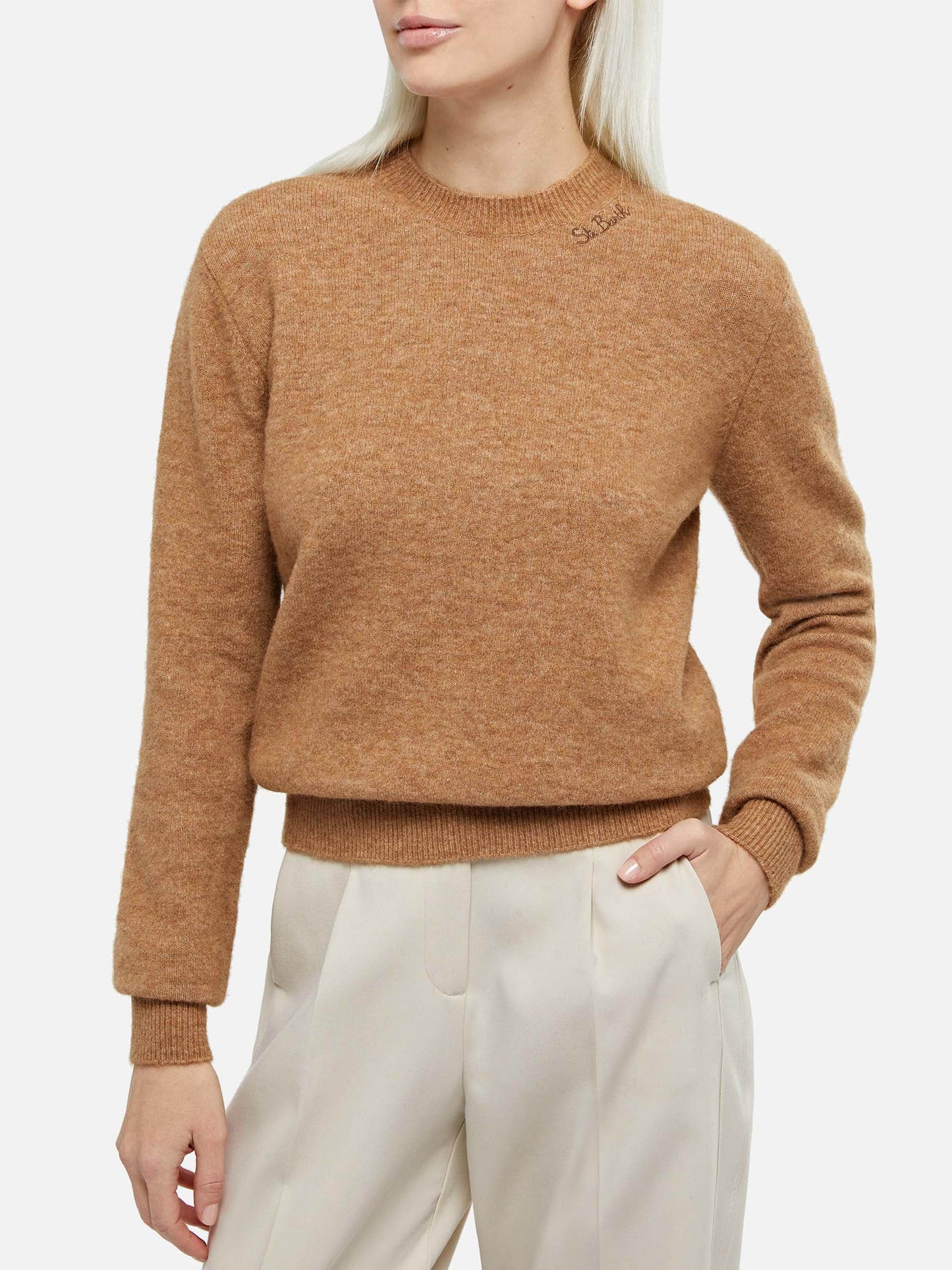 Kamelfarbener Pullover für Damen aus Stretchgarn Sorbonne