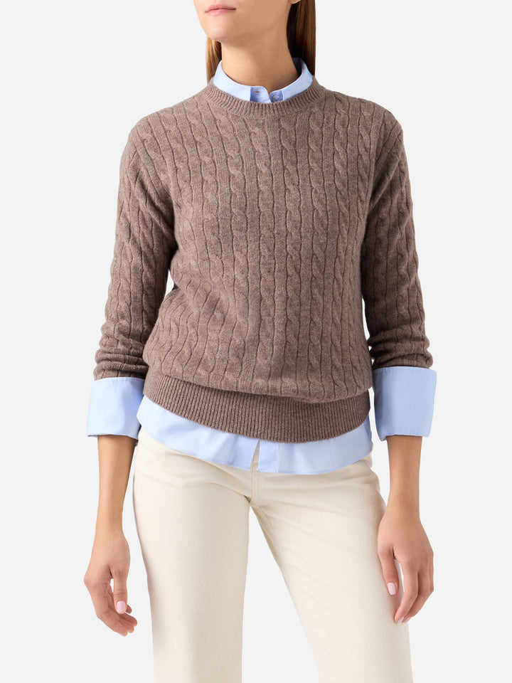 Woll-Strickpullover Sorbonne Nut mit Rundhalsausschnitt und Zopfmuster 