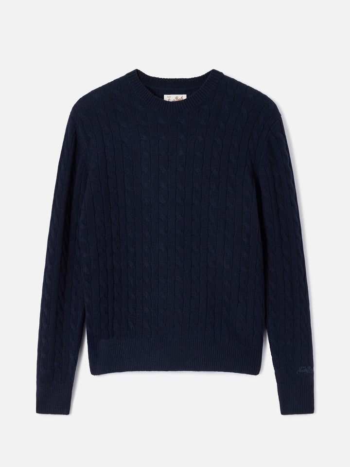 Jersey de punto de cuello redondo Night blue Sorbonne en lana con punto trenzado 