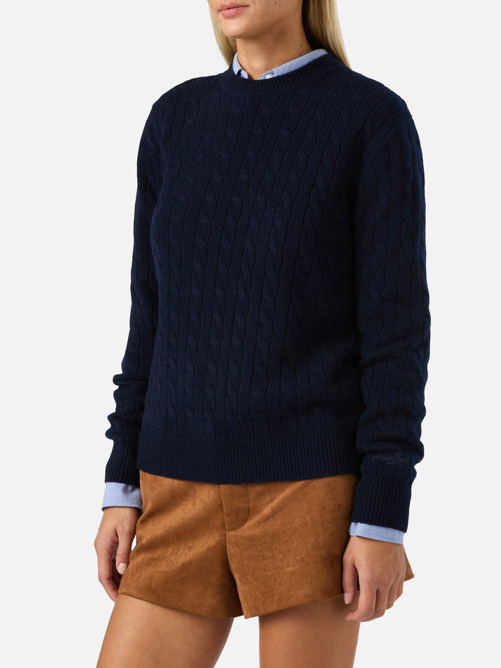 Jersey de punto de cuello redondo Night blue Sorbonne en lana con punto trenzado 