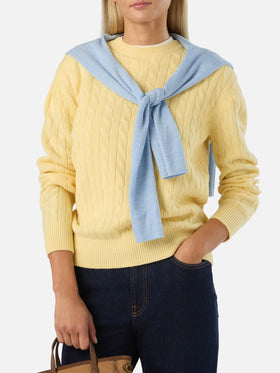 Pull col rond Sorbonne en laine jaune clair avec maille torsadée 