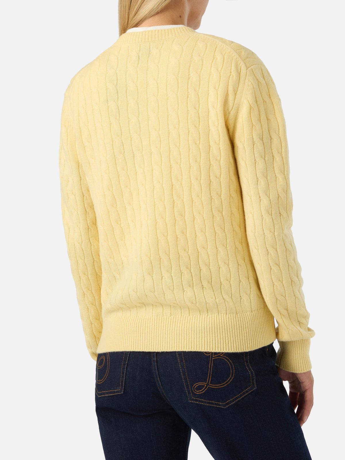 Pull col rond Sorbonne en laine jaune clair avec maille torsadée 
