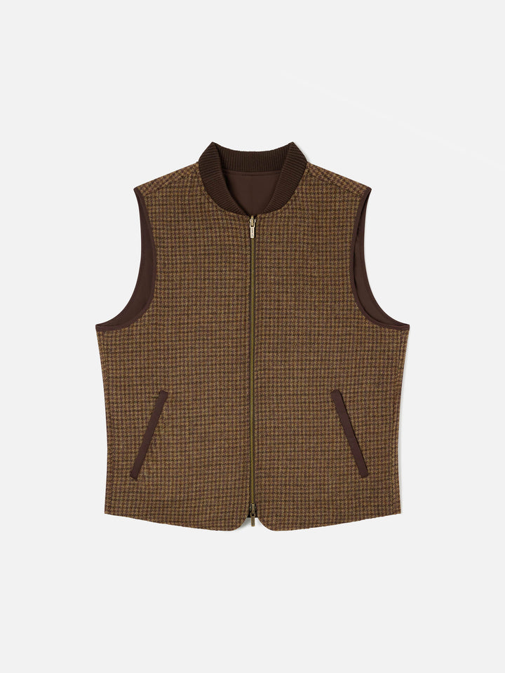 Brown Spencer wool reversible vest with houndstooth pattern